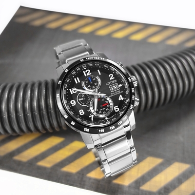 CITIZEN / 光動能 電波錶 萬年曆 藍寶石水晶玻璃 不鏽鋼手錶-黑色/43mm