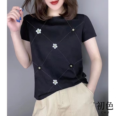 初色 設計感小花格紋T恤-黑色-61195(M-2XL可選現貨+預購)