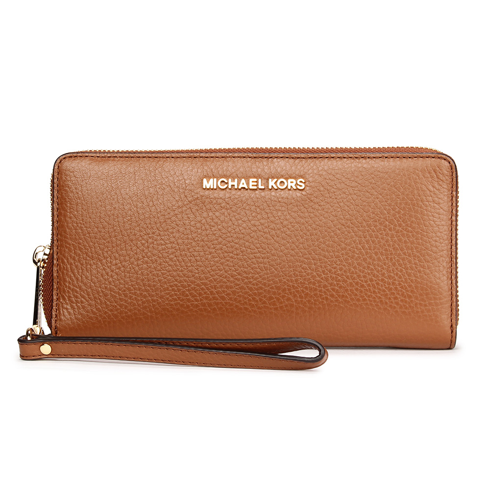 MICHAEL KORS Jet Set 金LOGO荔枝紋皮革手拿包/長夾-焦糖咖色