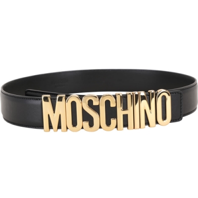 MOSCHINO 拋光金字母光滑小牛皮腰帶(黑色)