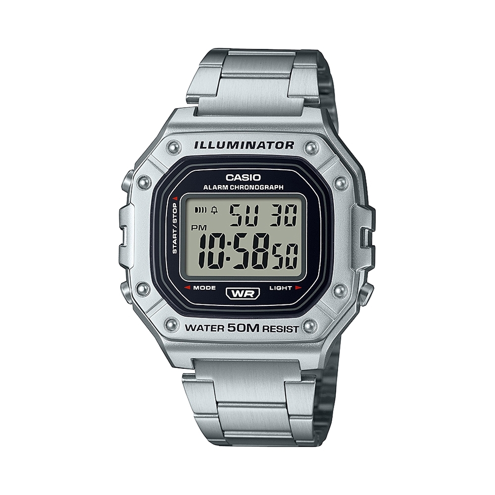 CASIO 復古風造型實用多色方款數位休閒不銹鋼錶(W-218HD-1A)/43.2mm