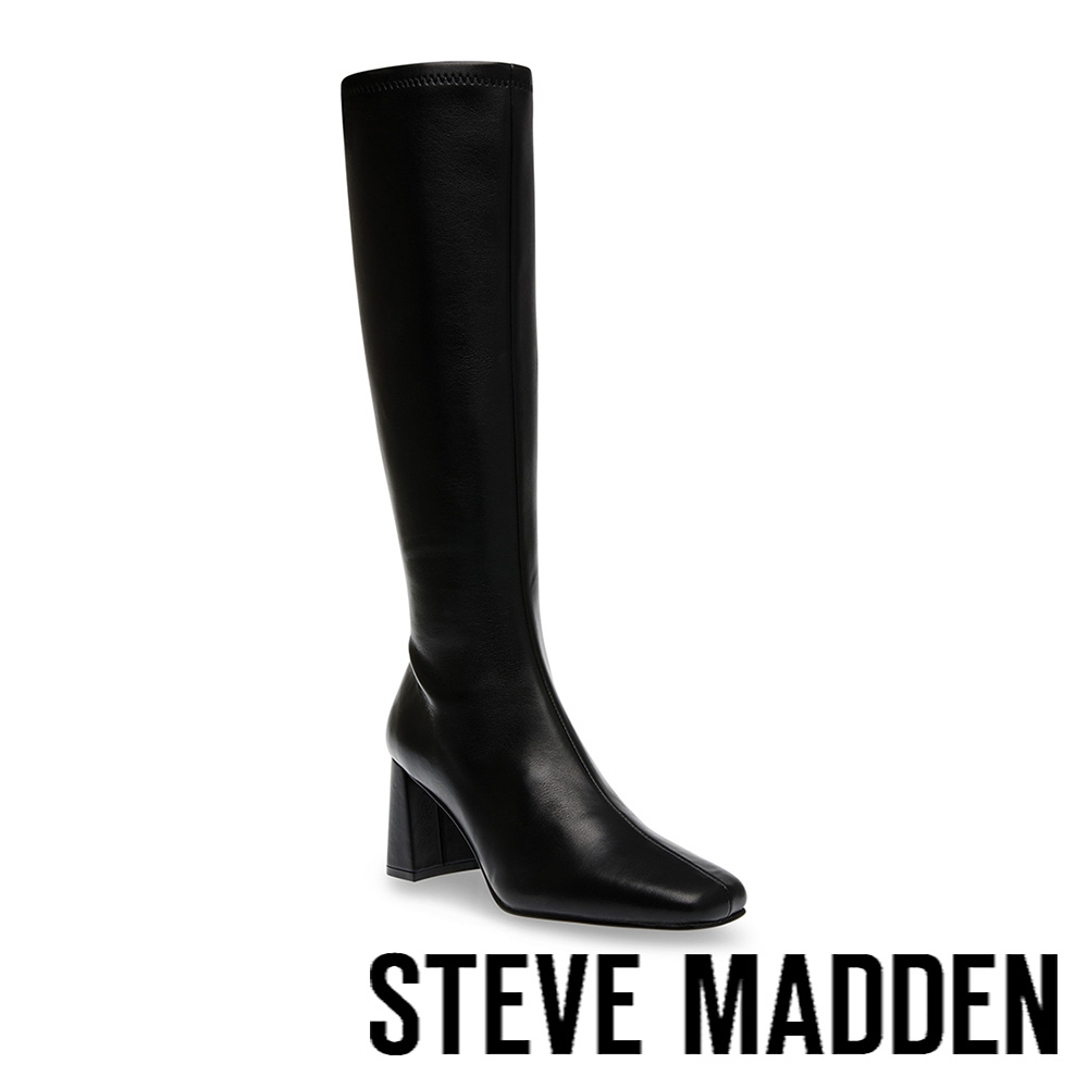 STEVE MADDEN-HOLLY 皮革小方頭粗跟長靴-黑色