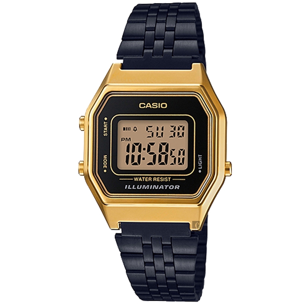 CASIO 卡西歐 復古方形計時電子錶-黑x金 LA680WEGB-1A