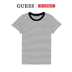 【GUESS】簡約百搭條紋LOGO短T-白