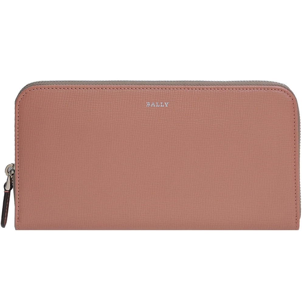 BALLY BLUSH 經典LOGO防刮皮革拉鍊撞色內裏拉鍊零錢長夾(粉駝色/灰色)