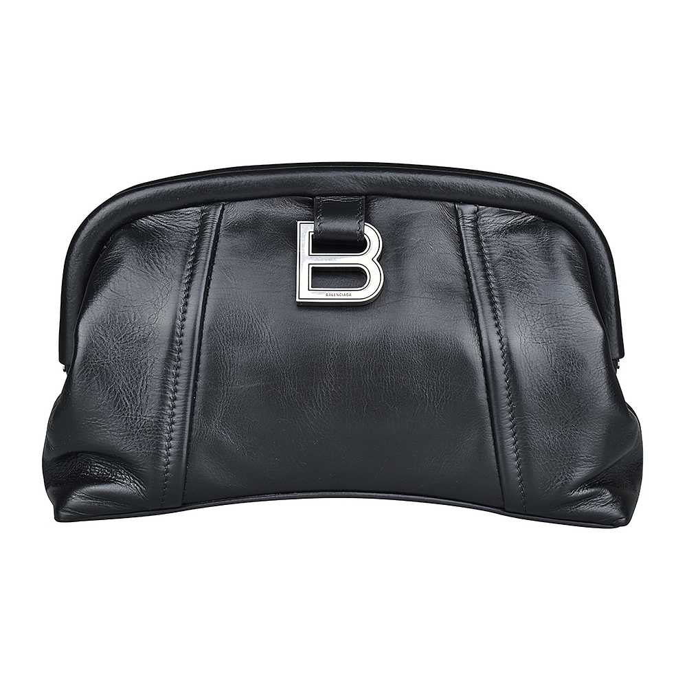 BALENCIAGA巴黎世家EDITORS銀字字母LOGO小牛皮磁吸開合手拿包(迷你/黑)