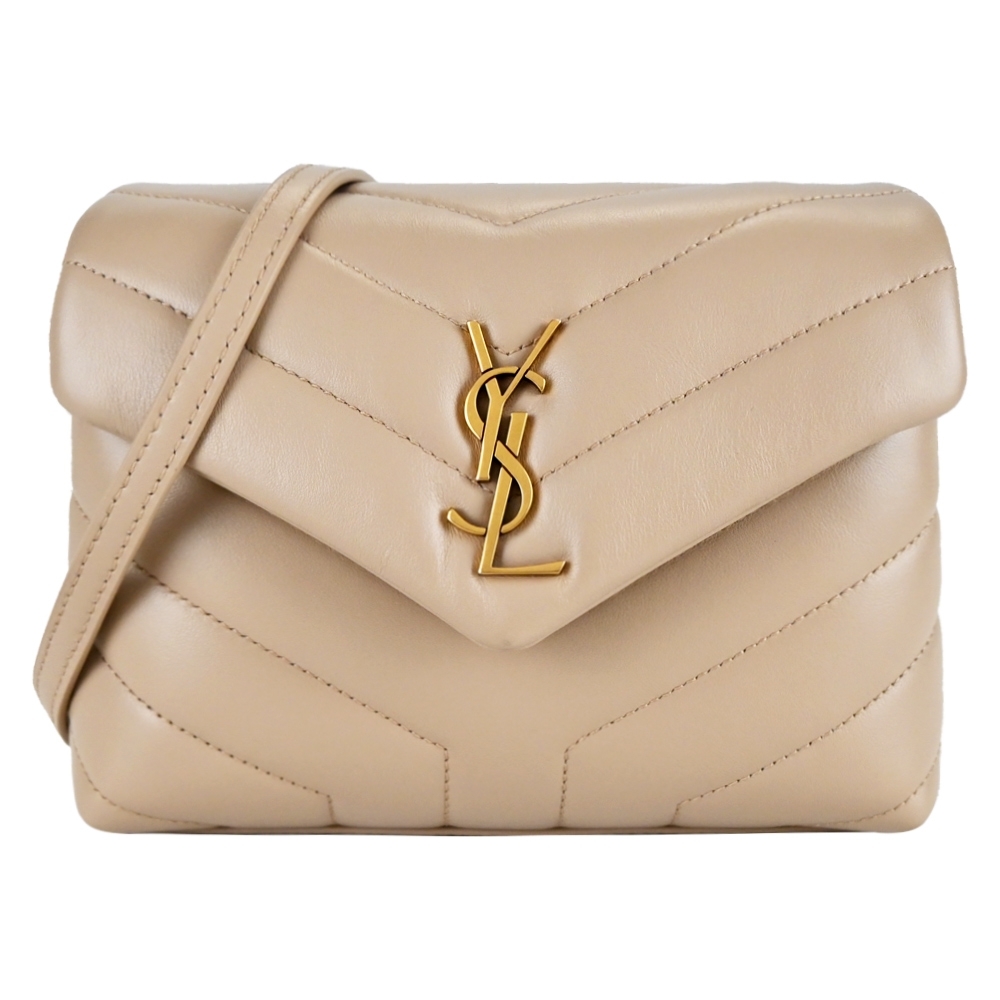 YSL SAINT LAURENT LOULOU 小牛皮V字縫線厚皮斜肩背包(金x卡其)