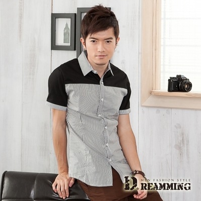Dreamming 韓風拼接條紋短袖休閒襯衫-黑色