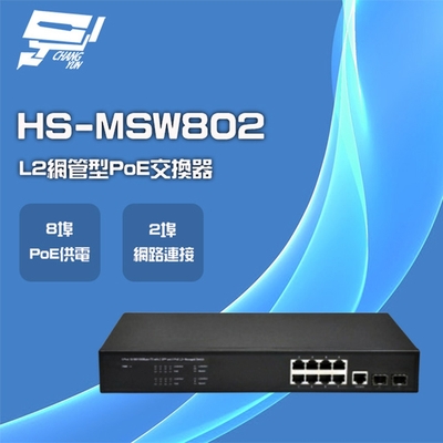 昌運監視器 昇銳 HS-MSW802 8埠+2 PoE L2網管型供電交換器 交換機