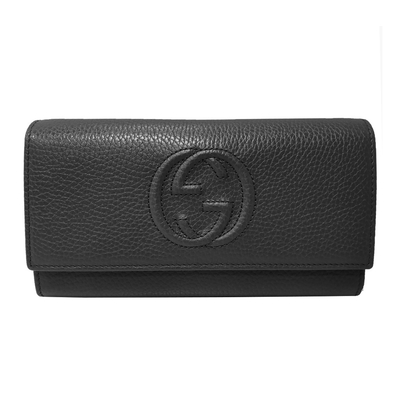 【GUCCI 古馳】598206 經典雙G SOHO系列荔枝紋牛皮扣式翻蓋長夾(黑色)