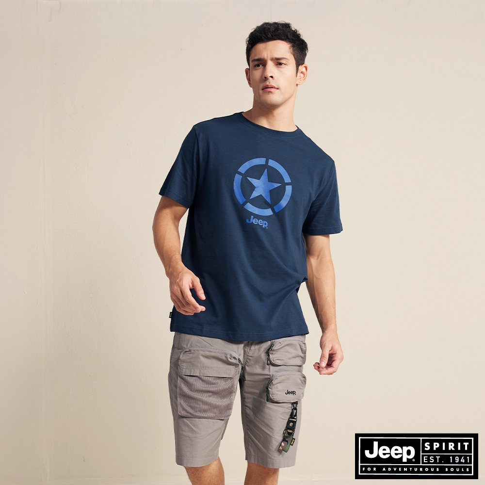 JEEP 男裝 品牌LOGO星星圖騰短袖T恤-深藍色