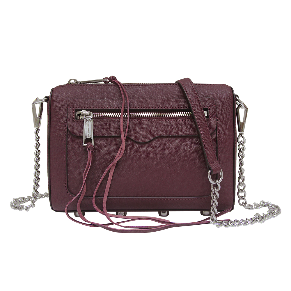 REBECCA MINKOFF AVERY 流蘇金屬鍊帶防刮牛皮斜背包-酒紅色