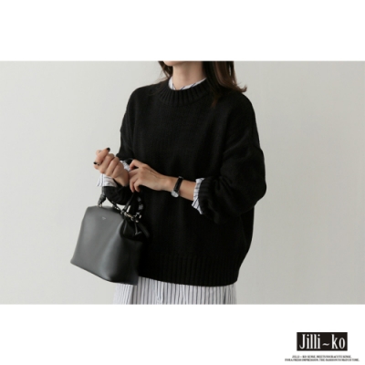 JILLI-KO 韓國CHIC秋冬套頭寬鬆針織衫- 黑色