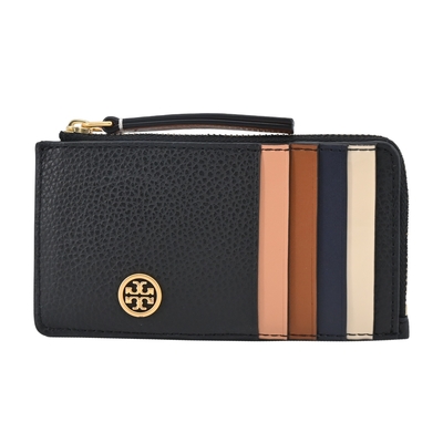 TORY BURCH Robinson 荔枝紋拼色拉鍊卡片夾/零錢包-黑