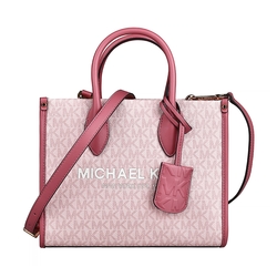 MK MICHAEL KORS MIRELLA字母LOGO印花PVC滾邊牛皮拉鍊手提斜背托特兩用包(小/淺粉紅x深粉紅)