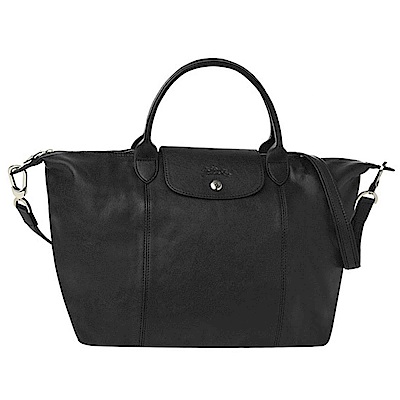 LONGCHAMP 小羊皮系列 Pliage Cuir 手提/側背包(中) 黑色