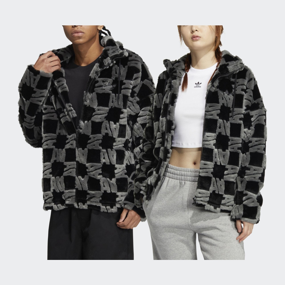 adidas 外套 男款 中性 毛絨外套 三葉草 國際碼 AOP FUR JACKET 黑灰 HR3453