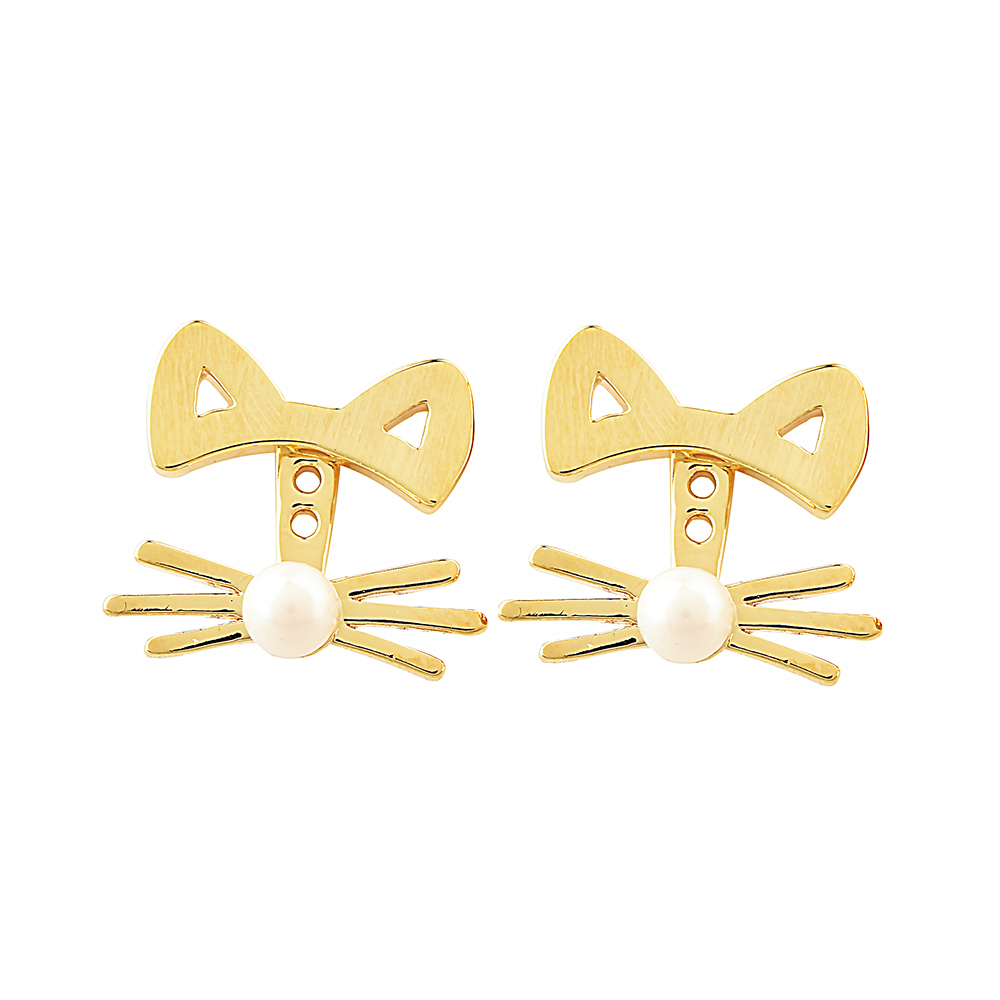kate spade經典貓咪設計珍珠鑲飾穿式耳環(金)