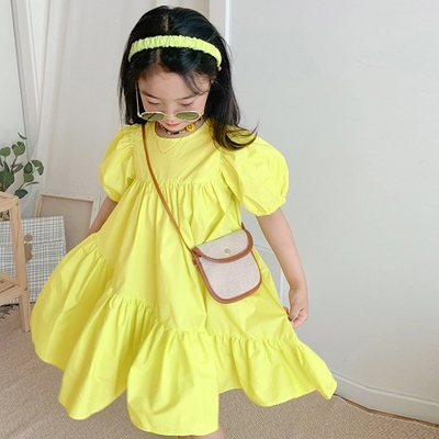 斜邊下擺螢光黃襯衫棉洋裝 連身裙 連衣裙 短袖洋裝 女童 兒童 童裝 現貨 橘魔法