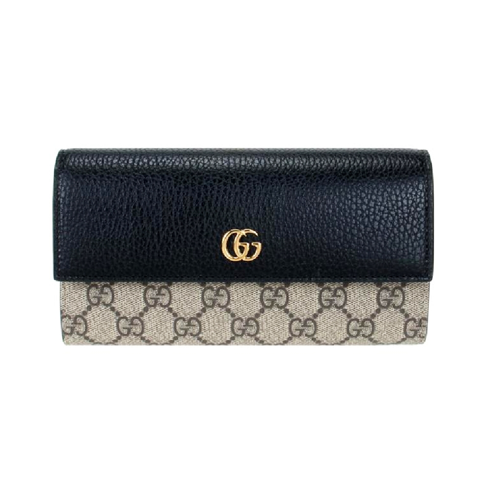 【GUCCI 古馳】456116 經典Petite Marmont 皮革拼接帆布翻蓋長夾(黑色)