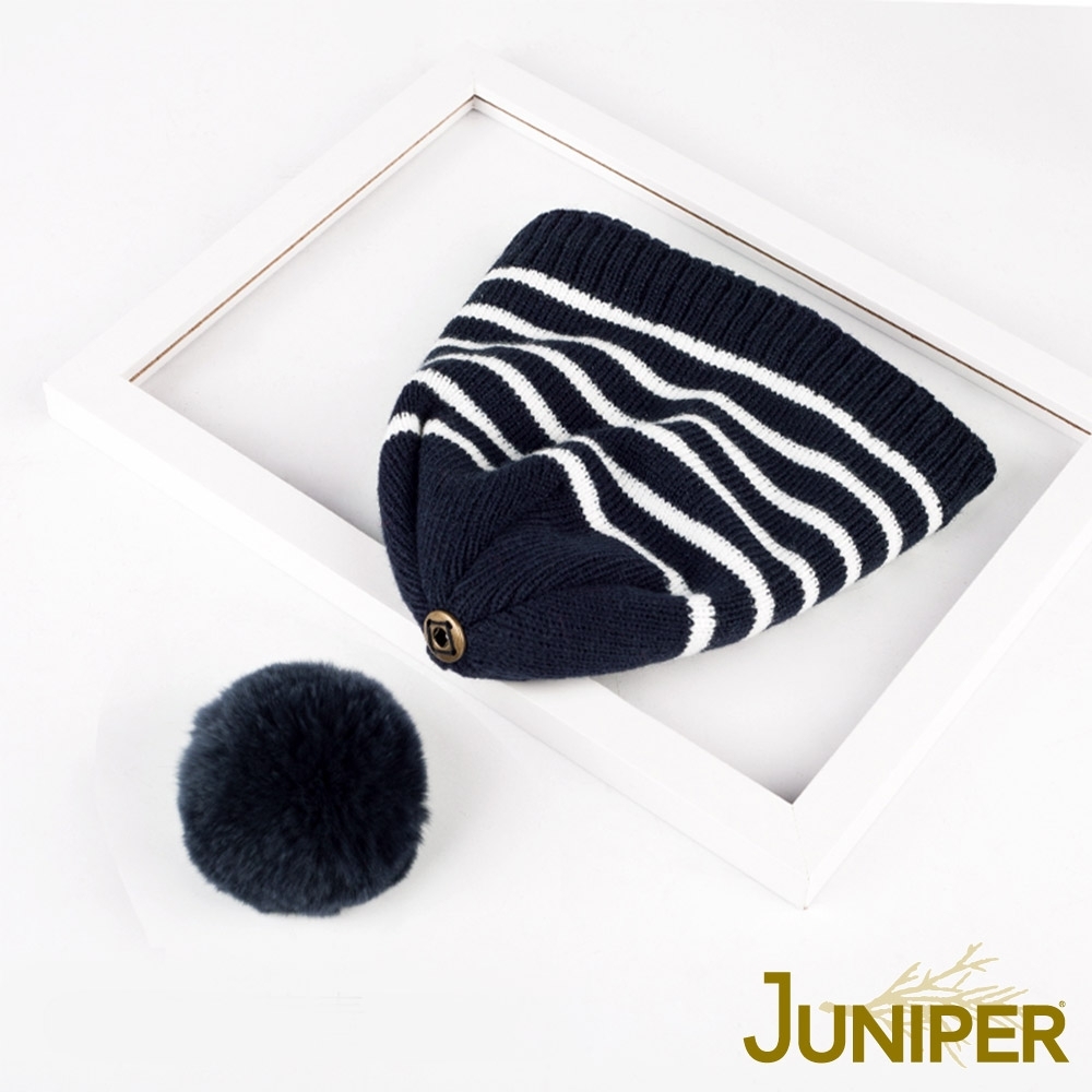 JUNIPER女款條紋針織刷毛絨內裡防風保暖可拆式絨毛球冬帽