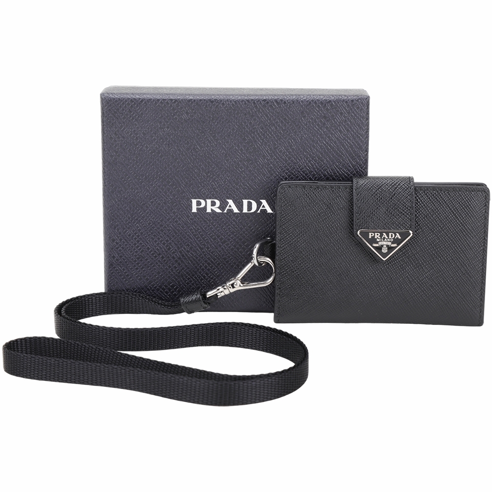 PRADA Saffiano 可拆掛頸背帶三角牌防刮牛皮釦式卡片夾(黑色)