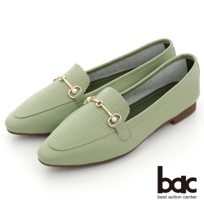 【bac】時髦小方頭編織金屬珍珠飾釦平底鞋-綠