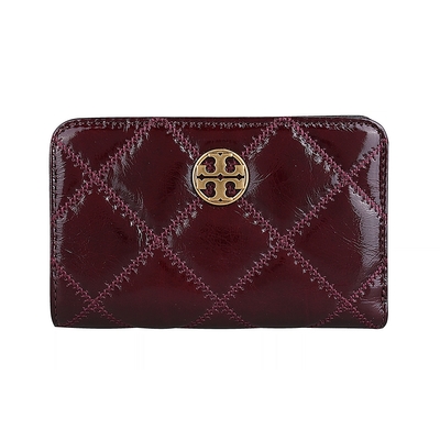 TORY BURCH Willa經典金色圓牌LOGO菱格紋皮革對折中夾(深果醬紅)