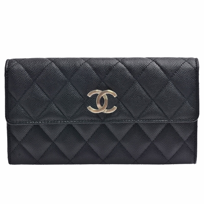 chanel 經典羅紋雙c logo菱格粒紋牛皮賽車格內襯長夾(黑色)