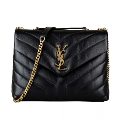 YSL SAINT LAURENT LOULOU金字LOGO Y字紋設計小牛皮鏈帶扣式肩背斜背包(小/黑)