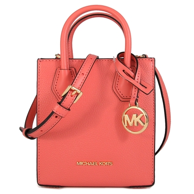 MICHAEL KORS Mercer 金字大圓標Logo荔枝紋皮革迷你琴譜兩用包(冰沙粉橘色)