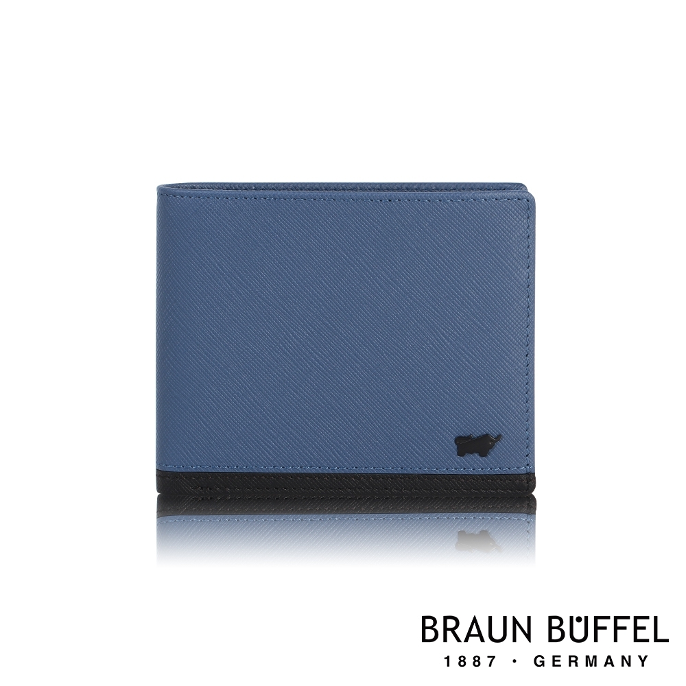 【BRAUN BUFFEL 德國小金牛】台灣總代理 市政廳 8卡中間翻零錢袋短夾-藍色/BF388-318-BL