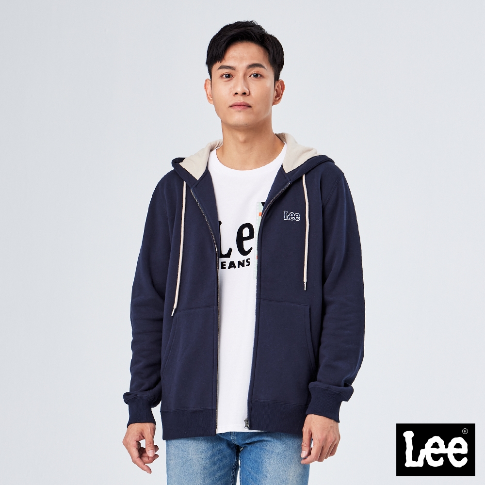 Lee 男女同款 內刷毛小LOGO連帽休閒外套 丈青 情侶款