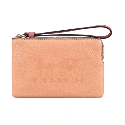 COACH 壓印馬車LOGO撞色提把設計牛皮拉鍊手拿包(珊瑚橘粉)