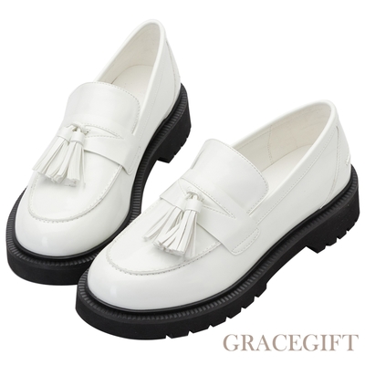 【Grace Gift】 質感流蘇圓頭樂福鞋 白漆