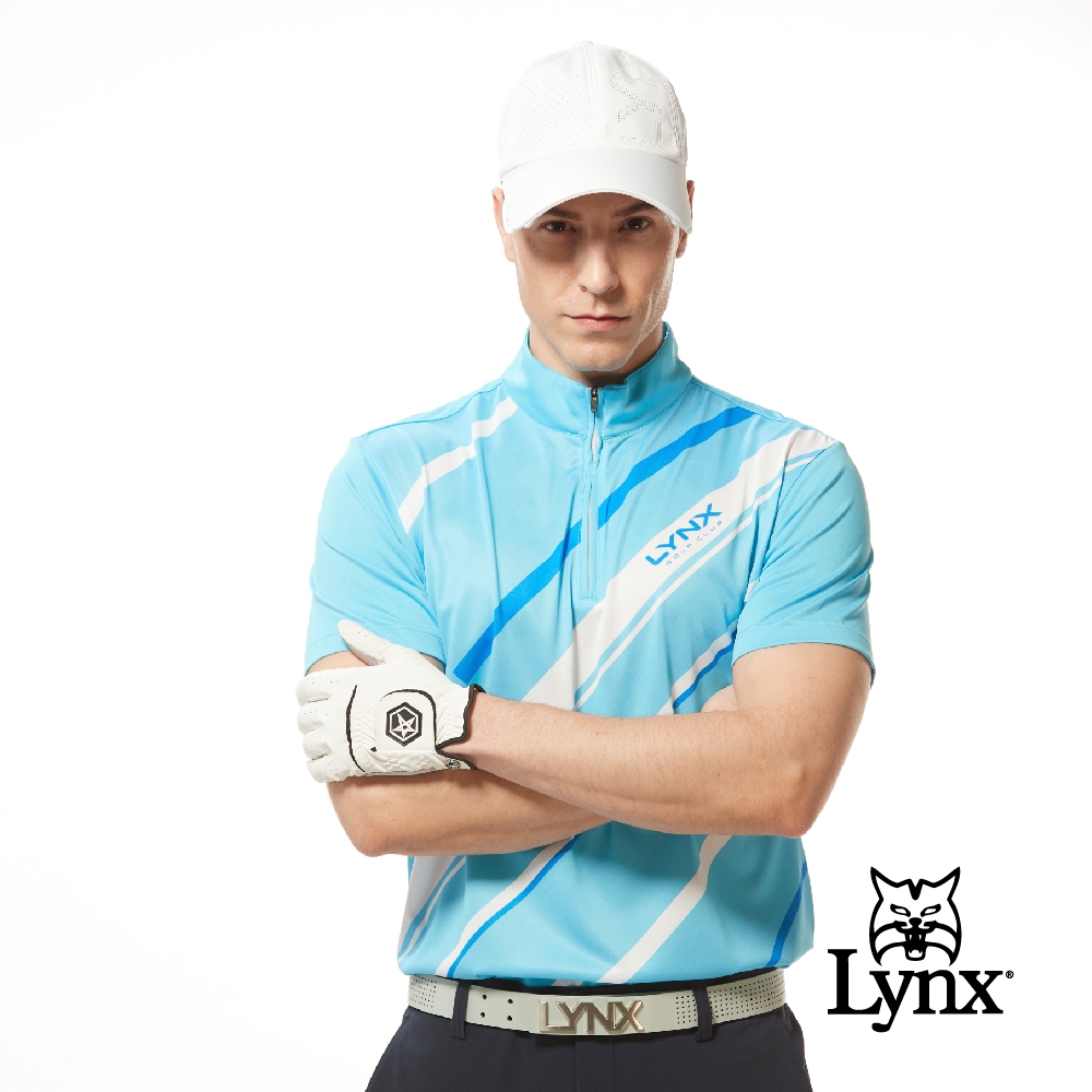 【Lynx Golf】男款吸濕排汗抗UV機能配色線條設計印花短袖立領POLO衫/高爾夫球衫-淺藍色