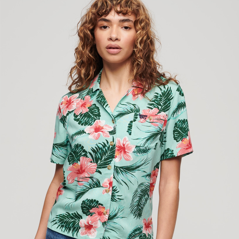 SUPERDRY 女裝 短袖襯衫 質感花襯衫 Beach Resort 薄荷綠