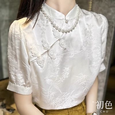 初色 中式立領開襟盤扣素色緹花短袖襯衫上衣女上衣-白色-33607(M-2XL可選)