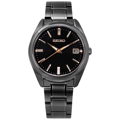 SEIKO 精工 簡約時尚 藍寶石水晶玻璃 日期 不鏽鋼手錶-鍍黑/40mm