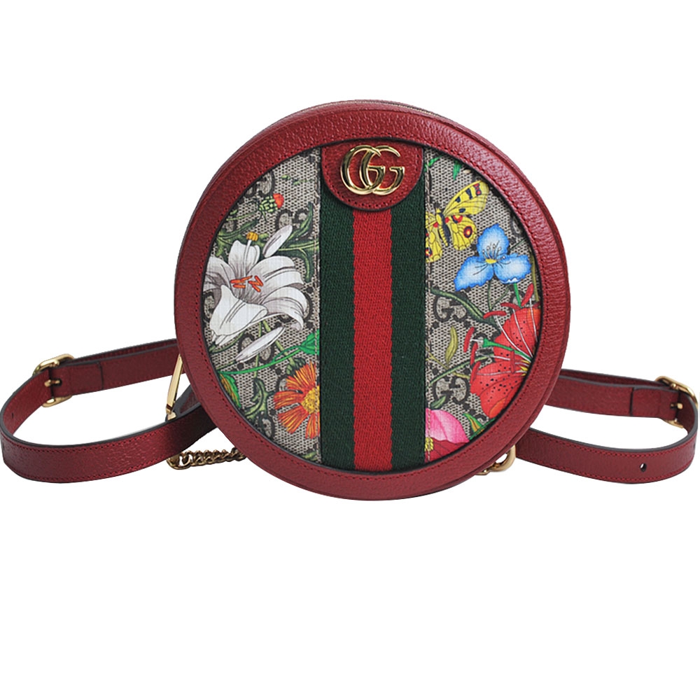 GUCCI Ophidia Flora 經典GG LOGO花卉迷你圓餅後揹包(烏木/紅邊)