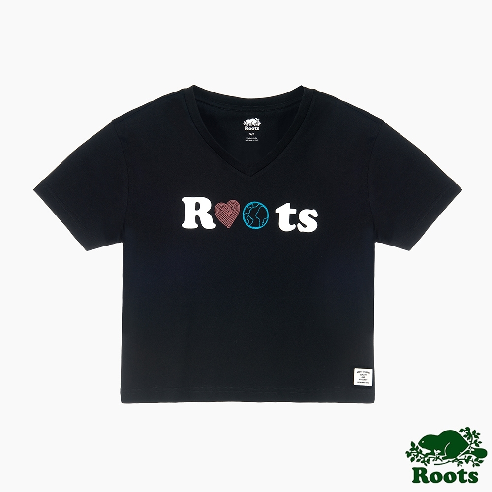Roots 女裝- 環保有機棉系列 愛地球V領寬短版T恤-黑色