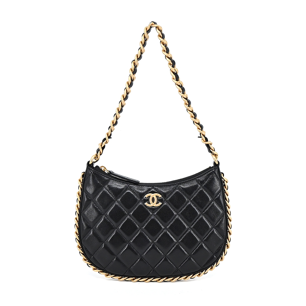 CHANEL Hobo Bag經典雙C LOGO菱格紋小羊皮小號手提/肩背包(黑色)