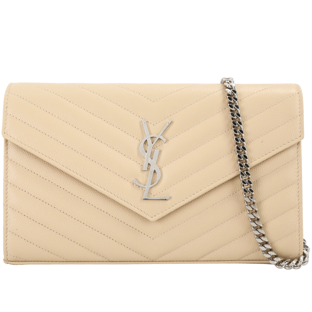 YSL Saint Laurent Monogram 大型絎縫荔紋牛皮鍊帶信封包(米駝色)