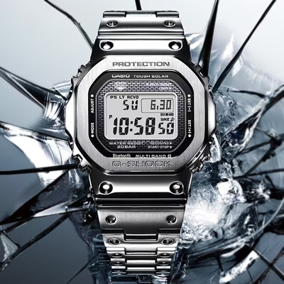 CASIO卡西歐 G-SHOCK 經典方形 全金屬 太陽能智慧藍芽電子錶 GMW-B5000D-1 銀色