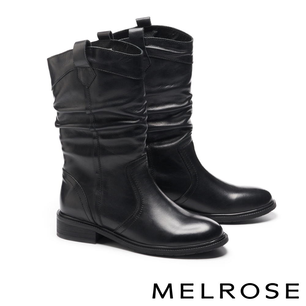 中筒靴 MELROSE 經典簡約時尚牛皮皺褶低跟中筒靴－黑