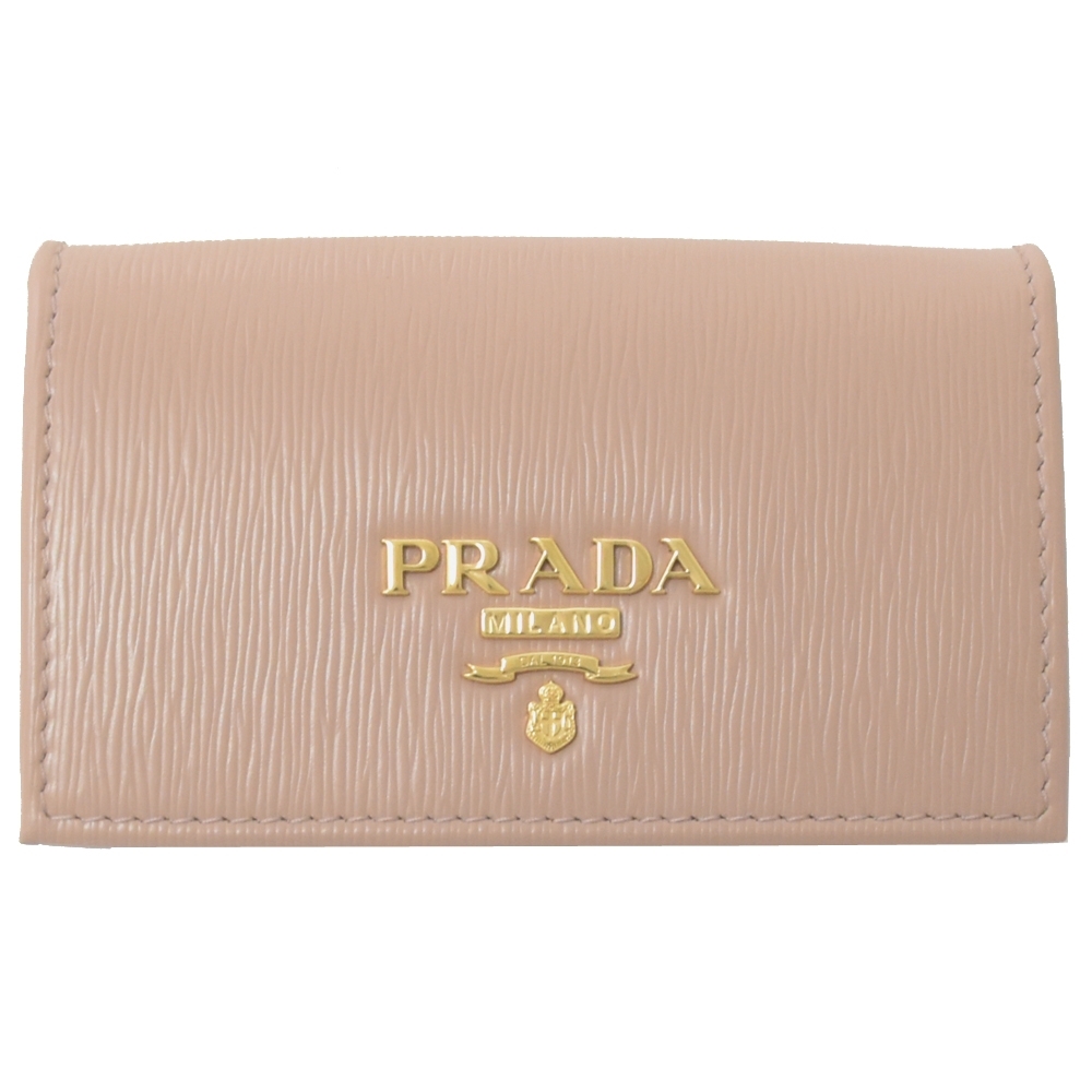 PRADA 金屬LOGO水波紋牛皮釦式名片夾(淡粉)