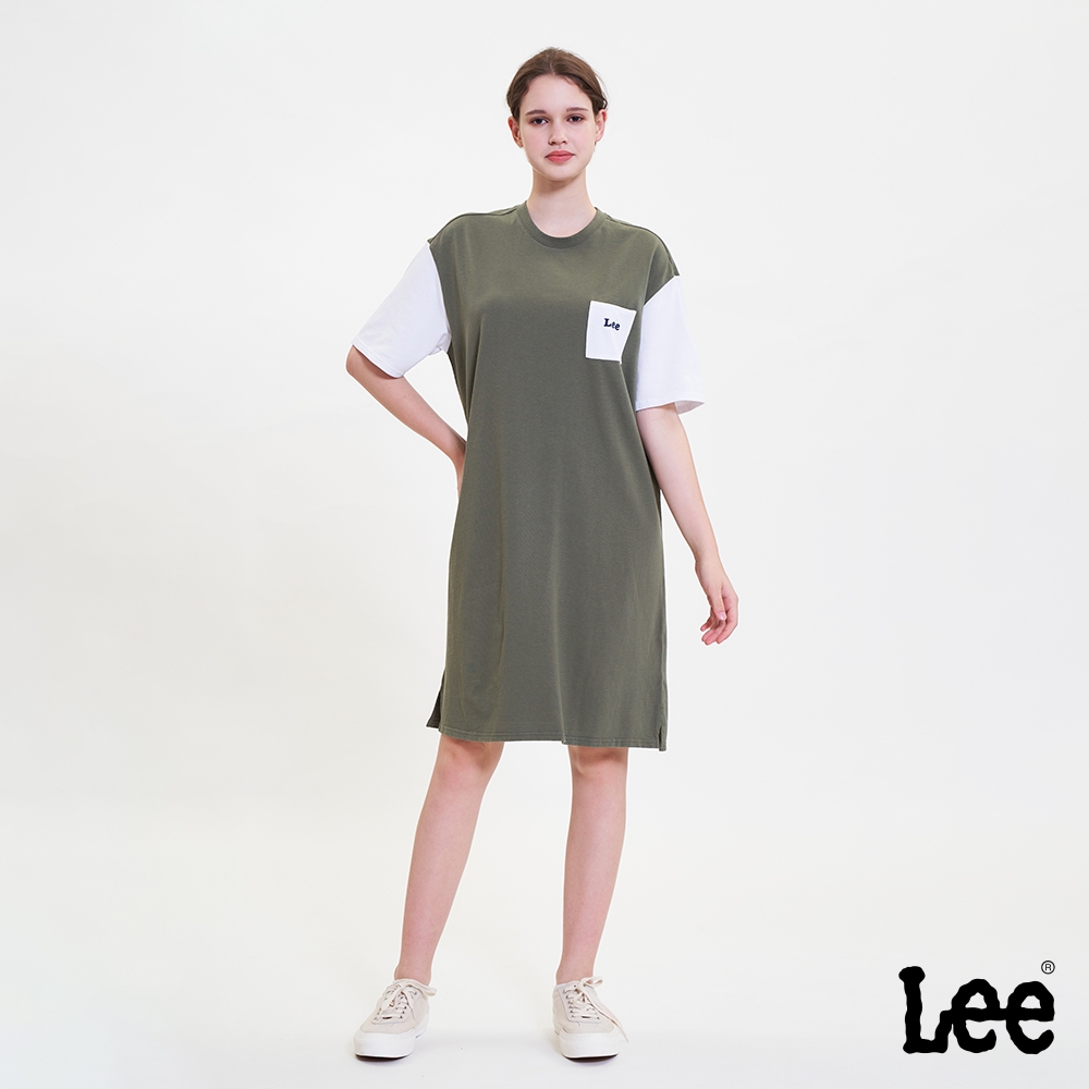 Lee 女款 小口袋短袖圓領長版休閒洋裝 軍綠｜Modern