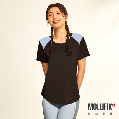 Mollifix 瑪莉菲絲 撞色拼接短袖訓練上衣、瑜珈服 (黑)