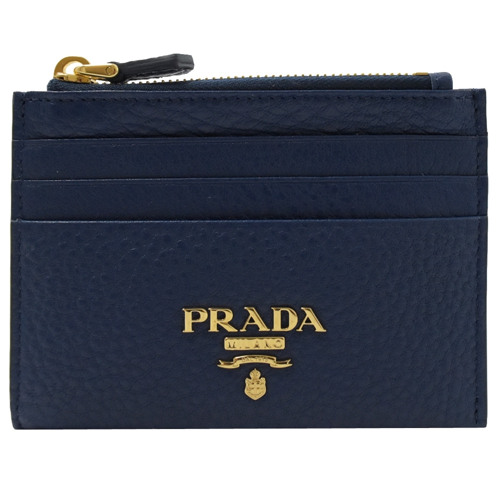 PRADA 金屬LOGO荔枝牛皮卡片零錢包(藍)