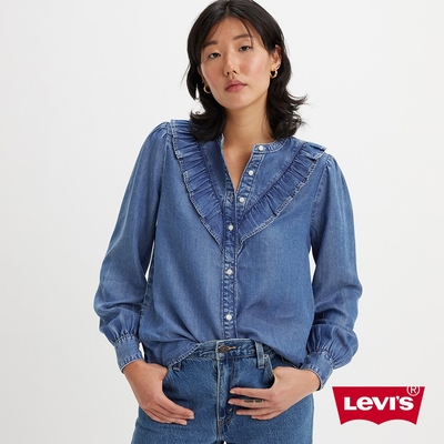 levis 女款 無領荷葉邊天絲棉牛仔襯衫